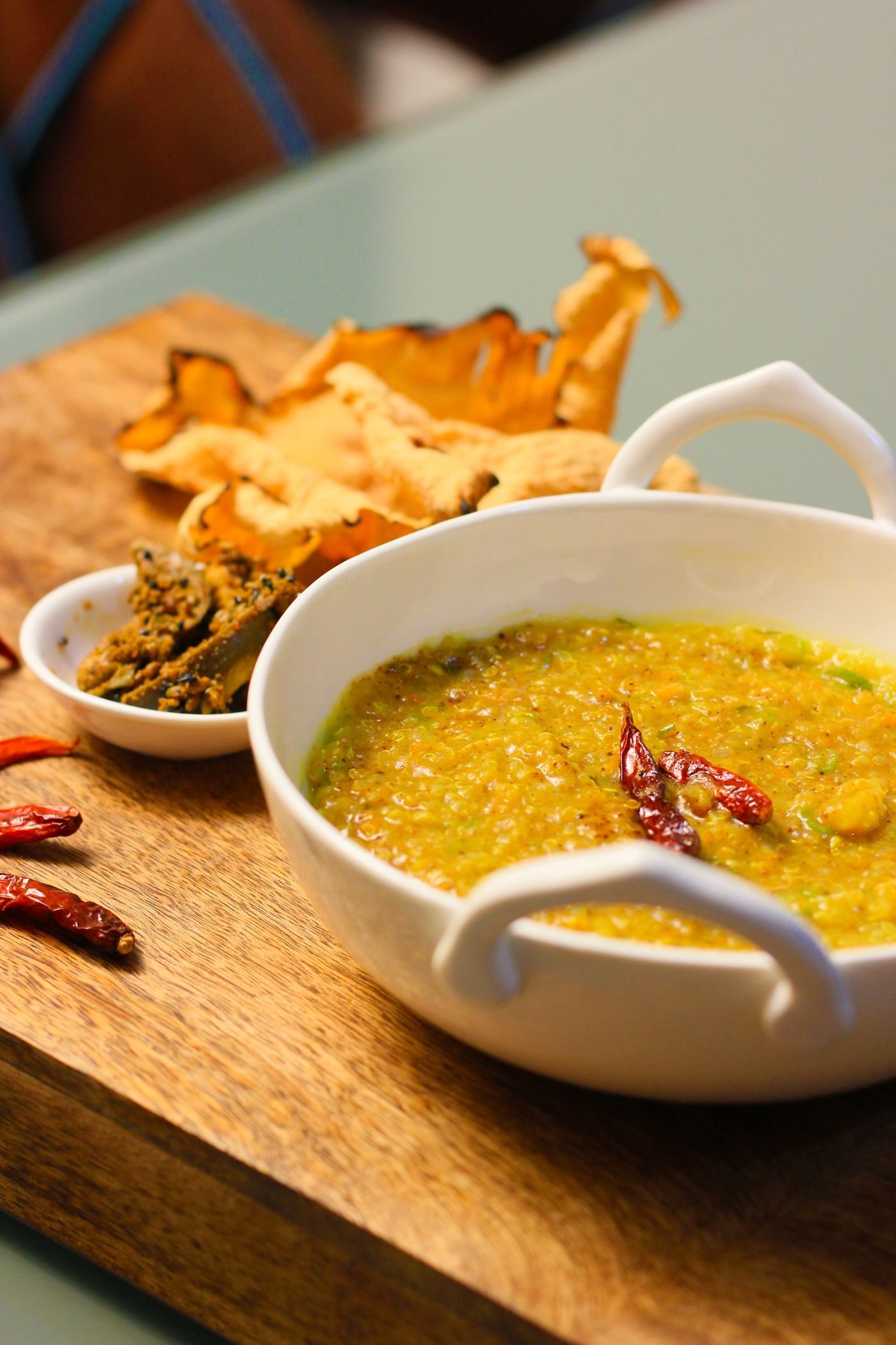 Khichdi served with crisp accompaniments